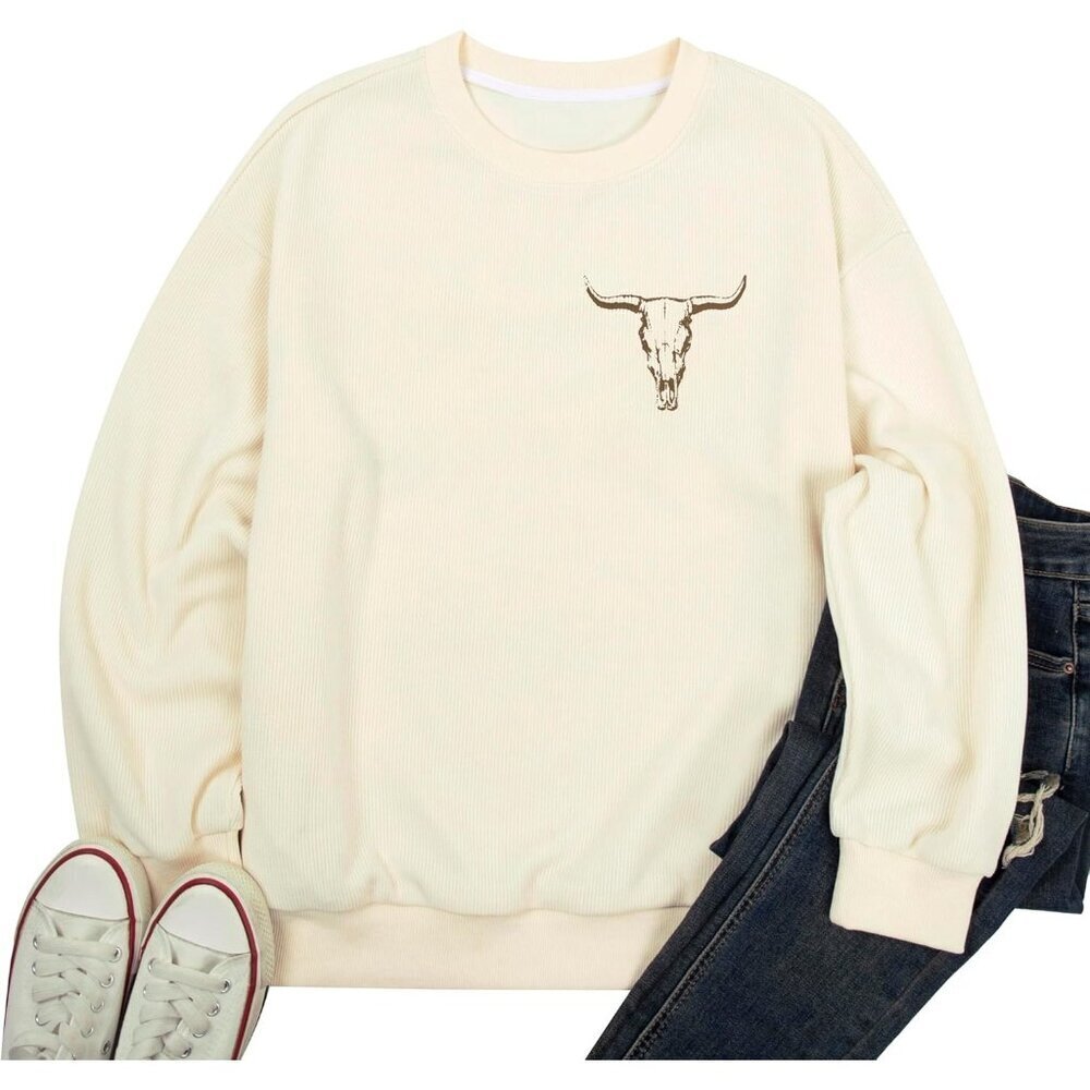 Women's Apricot Cowgirl Rodeo Western Country Concert Boho Cow Skull Sweatshirt - Picture 5 of 6